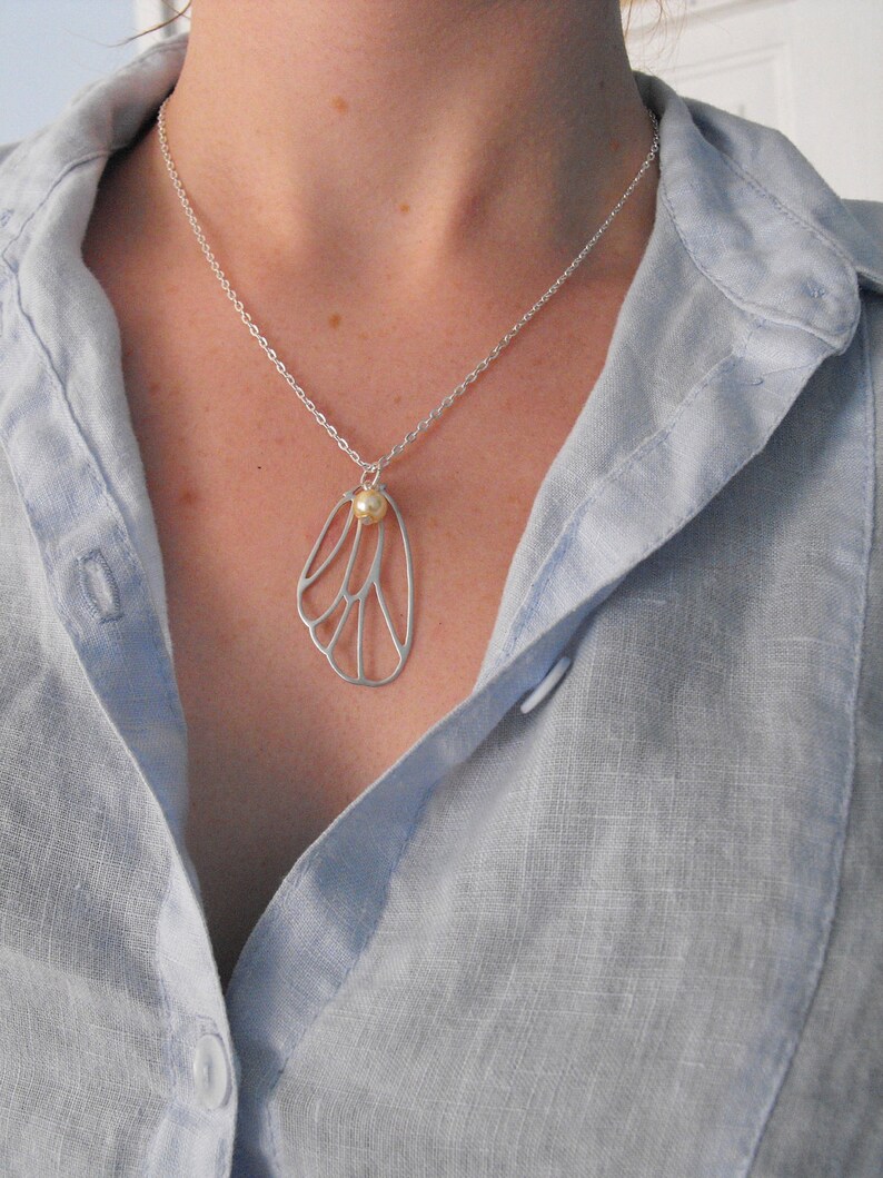 Butterfly Wing Necklace Silver Ivory Pearl and Silver Chain insect wing jewelry bug accessory dainty layering moth