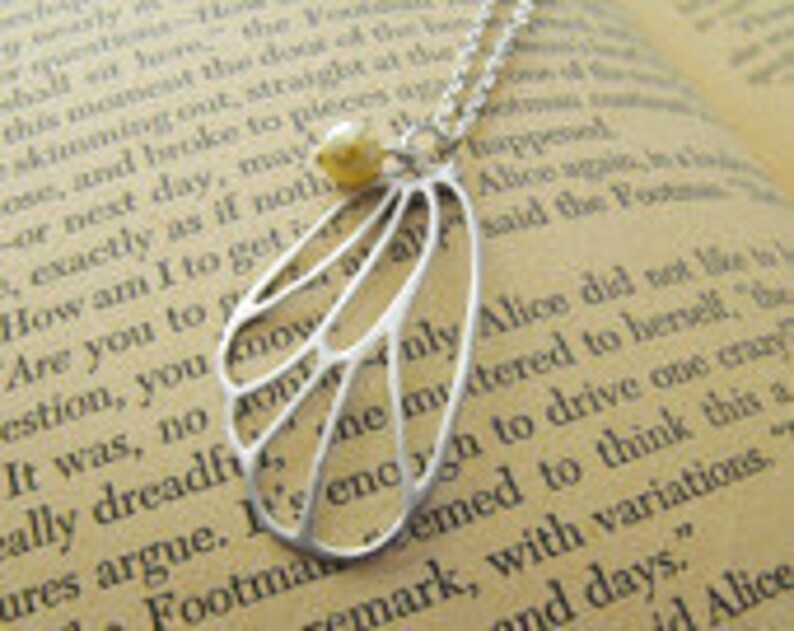Butterfly Wing Necklace Silver Ivory Pearl and Silver Chain insect wing jewelry bug accessory dainty layering moth