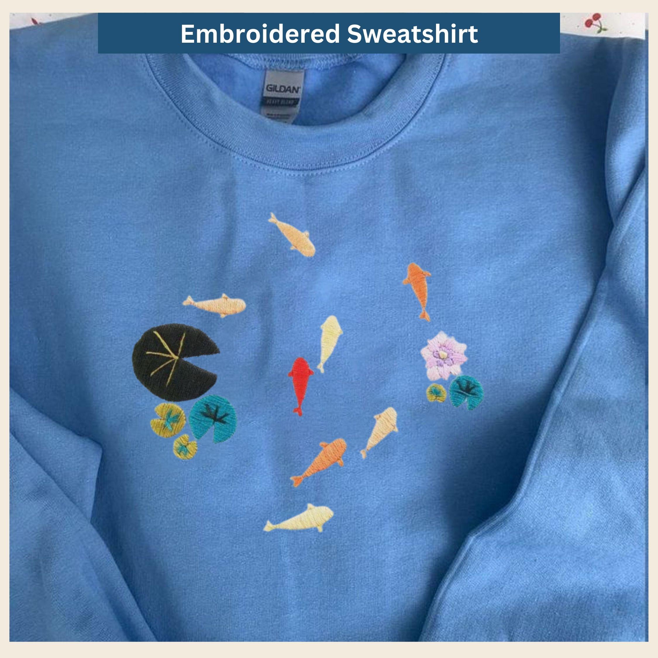 Japanese Koi Fish Embroidered Sweatshirt Cottagecore Crewneck Nature Animal Sweater Fall Vibes Fishing Gift Unisex Aesthetic Pullover