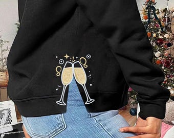 Cheer Glass Cup New Year 2025 Glitter Side Bow Embroidery Design Sweatshirt, New Year Side Bow Sweatshirt With Glitter, Trendy Bow Coquette