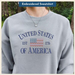 Embroidered American Flag Sweatshirt USA Patriotic Fourth of July Crewneck Red White Blue Summer Outfit Independence Day Gift