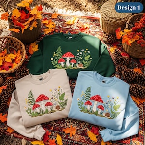 Mushroom Embroidered Sweatshirt Cottagecore Botany Crewneck Nature-Inspired Pullover Fungi Design Cozy Fall Tee