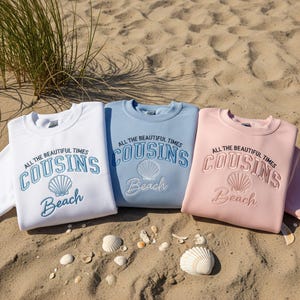 Trendy Coastal Cousins Beach Embroidered Sweatshirt, Vintage East Coast Summer Vibes Group Matching Crewneck Pullover