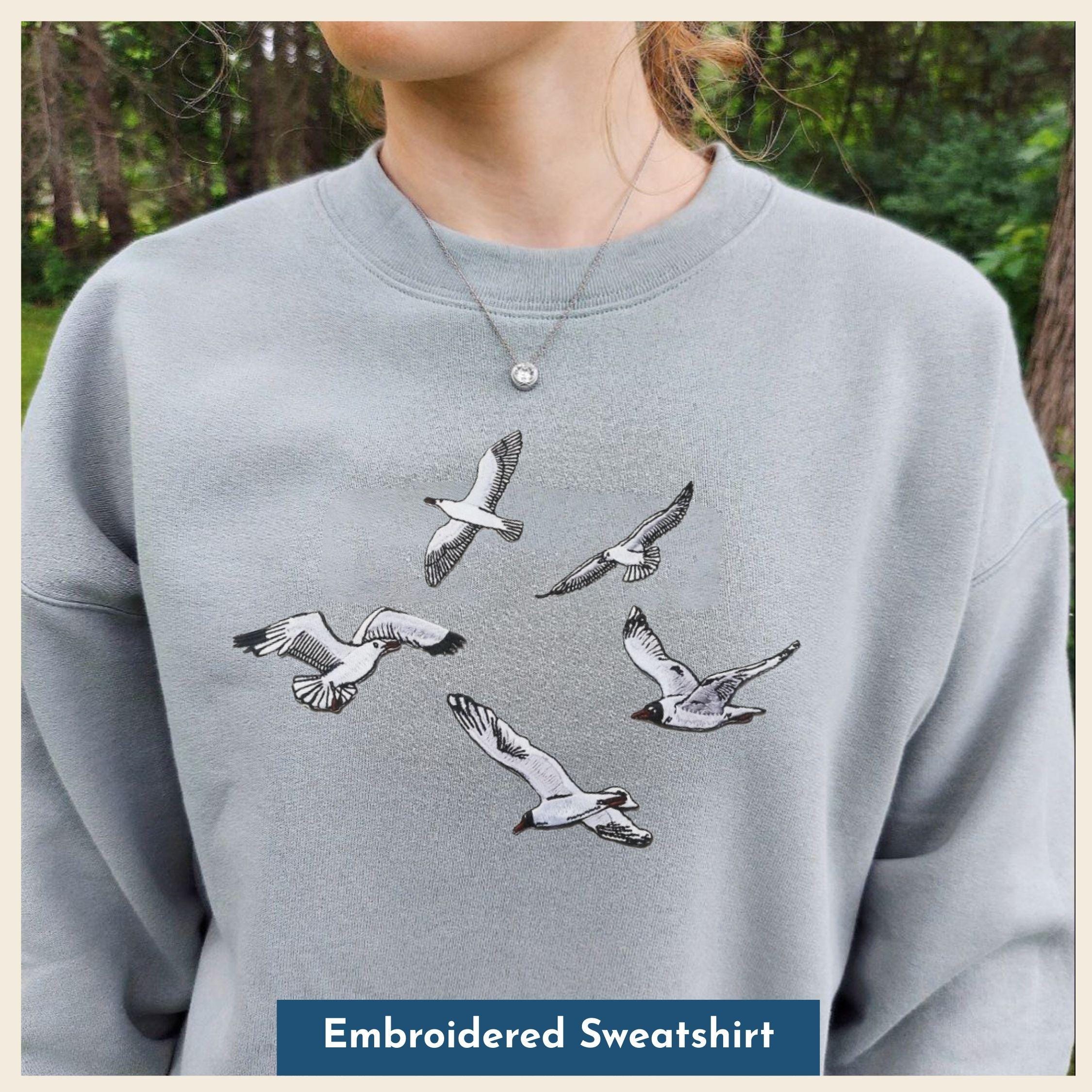 Embroidered Seagull Sweatshirt Nautical Bird Design Coastal Preppy Aesthetic Summer Unisex Crewneck for Beach Lovers and Travelers