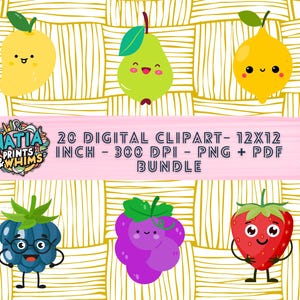 Lot de 20 cliparts de fruits mignons · JPG+PNG · 300 ppp · Fruits de dessins animés imprimables pour travaux manuels, autocollants et projets pour enfants