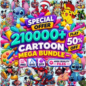 Puede incluir: Un anuncio gráfico digital para un mega paquete de dibujos animados con el texto SPECIAL OFFER 210000+ CARTOON MEGA BUNDLE FLAT 50% OFF. La imagen muestra varios personajes de dibujos animados coloridos, una paleta de pintura e iconos PNG, SVG y DTF.
