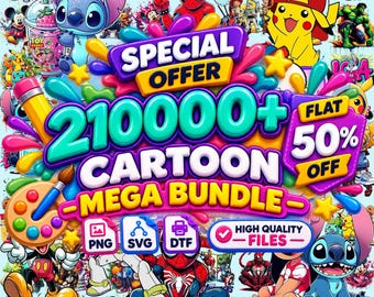 May include: A digital graphic advertisement for a cartoon mega bundle featuring the text SPECIAL OFFER 210000+ CARTOON MEGA BUNDLE FLAT 50% OFF. The image displays various colorful cartoon characters, a paint palette, and icons for PNG, SVG, and DTF files.