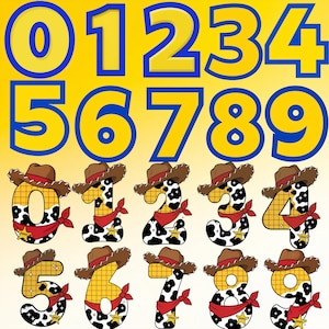 May include: A digital graphic set featuring numbers zero through nine in two styles. The top row displays yellow numbers with blue outlines. The bottom two rows show numbers zero through nine decorated with brown cowboy hats, red bandanas, and sheriff badges.