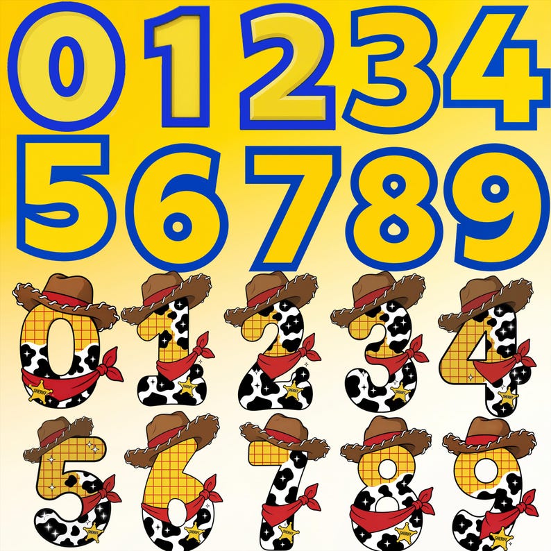 May include: A digital graphic set featuring numbers zero through nine in two styles. The top row displays yellow numbers with blue outlines. The bottom two rows show numbers zero through nine decorated with brown cowboy hats, red bandanas, and sheriff badges.