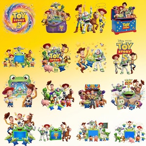 May include: A collection of Toy Story 5 graphic illustrations featuring Woody, Buzz Lightyear, Jessie, Bullseye, and other characters. The images include various poses, a toy chest, a green frog-shaped frame, and the Toy Story 5 logo.