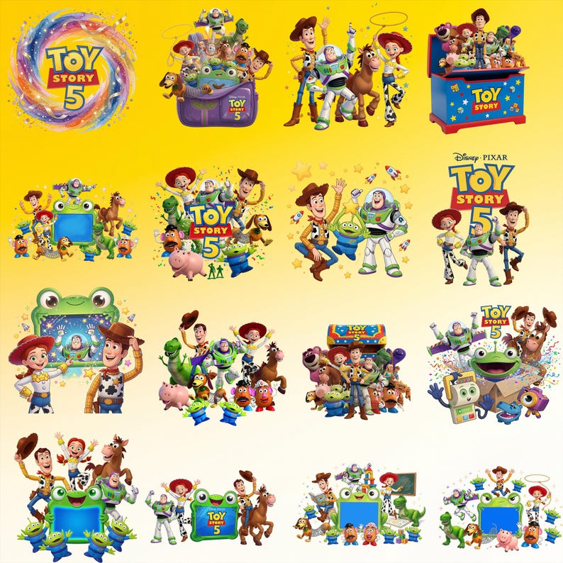 May include: A collection of Toy Story 5 graphic illustrations featuring Woody, Buzz Lightyear, Jessie, Bullseye, and other characters. The images include various poses, a toy chest, a green frog-shaped frame, and the Toy Story 5 logo.