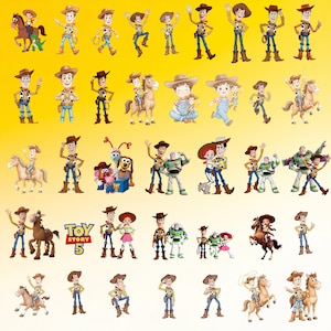 May include: A collection of Toy Story 5 character illustrations featuring Woody, Jessie, Buzz Lightyear, Bullseye, and other figures in various poses. The graphic includes the Toy Story 5 logo with blue and yellow text on a bright yellow background.