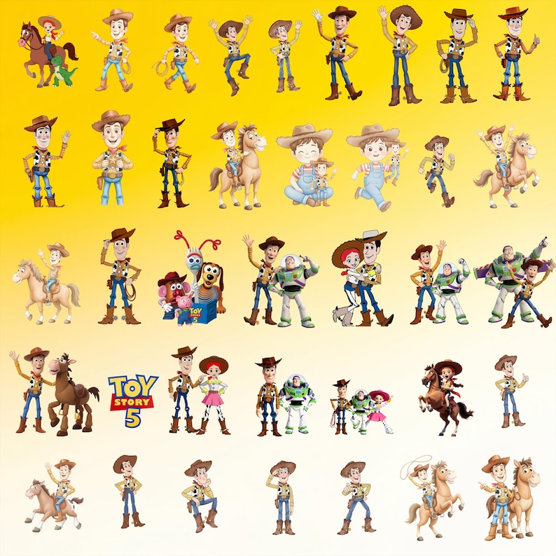 May include: A collection of Toy Story 5 character illustrations featuring Woody, Jessie, Buzz Lightyear, Bullseye, and other figures in various poses. The graphic includes the Toy Story 5 logo with blue and yellow text on a bright yellow background.