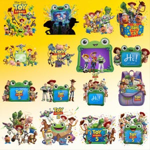 May include: A collection of Toy Story 5 digital graphics featuring Woody, Buzz Lightyear, and various characters surrounding a green frog-shaped frame. Some images include the text Toy Story 5 or Hi! Let's play! on a bright yellow background.
