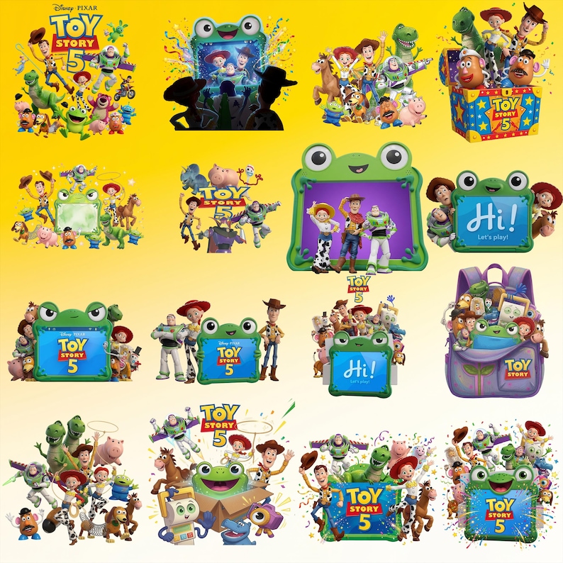 May include: A collection of Toy Story 5 digital graphics featuring Woody, Buzz Lightyear, and various characters surrounding a green frog-shaped frame. Some images include the text Toy Story 5 or Hi! Let's play! on a bright yellow background.