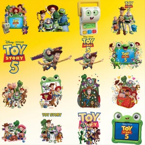 May include: A collection of digital illustrations featuring Disney Pixar Toy Story 5 characters including Woody, Buzz Lightyear, and various friends. The images display the Toy Story 5 logo, colorful scenes with the cast, and a green frog-shaped frame.