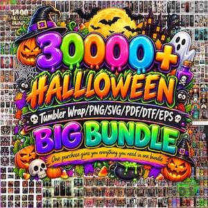 Pode incluir: Um gráfico digital com o texto 30000+ HALLOWEEN TUMBLER WRAP/PNG/SVG/PDF/DTF/EPS BIG BUNDLE. O design inclui letras 3D coloridas, um chapéu de bruxa, abóboras, um fantasma, uma caveira, um caldeirão e uma silhueta de casa assombrada.