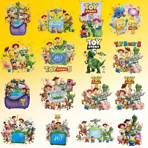 May include: A collection of Toy Story 5 graphic designs featuring various characters including Woody, Buzz Lightyear, Rex, and Slinky Dog, with some images displaying text like Hooray, Hi, and the Toy Story 5 logo on a bright yellow background.