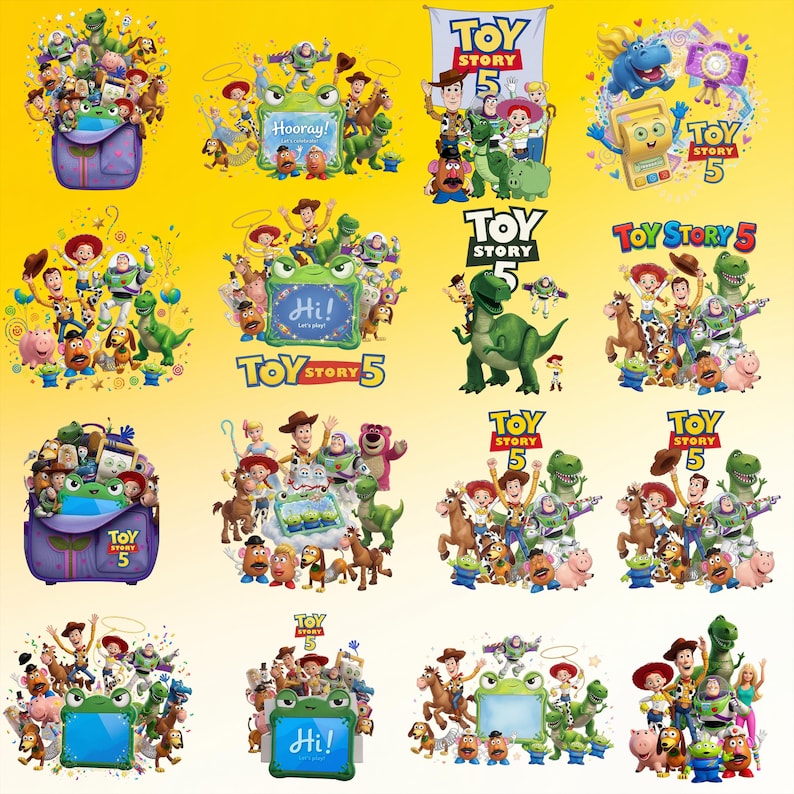 May include: A collection of Toy Story 5 graphic designs featuring various characters including Woody, Buzz Lightyear, Rex, and Slinky Dog, with some images displaying text like Hooray, Hi, and the Toy Story 5 logo on a bright yellow background.