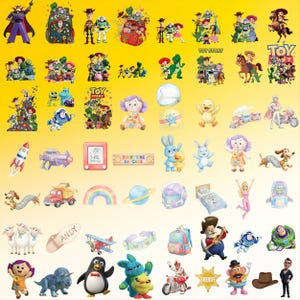 May include: A collection of colorful stickers featuring various Toy Story characters, including Woody, Buzz Lightyear, Jessie, and Rex, alongside iconic objects like a rocket, a rainbow, a planet, a bed, and a sheriff badge on a yellow background.