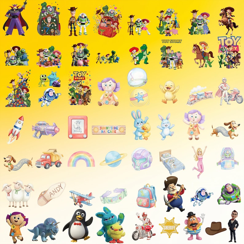 May include: A collection of colorful stickers featuring various Toy Story characters, including Woody, Buzz Lightyear, Jessie, and Rex, alongside iconic objects like a rocket, a rainbow, a planet, a bed, and a sheriff badge on a yellow background.