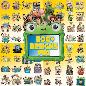 Könnte beinhalten: Eine digitale Sammlung von über 500 Toy Story 5 PNG-Designs mit verschiedenen Charakteren wie Woody, Buzz Lightyear und Rex, angeordnet um einen grünen, froschförmigen Tablet-Rahmen mit dem gelben Text 500+ DESIGNS PNG.