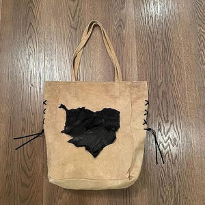 Beige Suede Tote Bag with Heart Applique, Valentine&#39;s Day Gift for Girlfriend or Best Friend, Handmade in Italy for Romantics