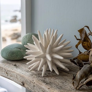 May include: A white ceramic sea urchin sculpture with numerous pointed, radiating spines. The object has a smooth, glossy finish and a spherical shape, featuring a dense cluster of tapered protrusions extending outward from a central core.