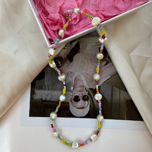 Necklace Beaded Colorful Pearl Choker Handmade Boho Bead Jewelry Freshwater Pearl Rainbow Choker Summer Necklace for Women Gift