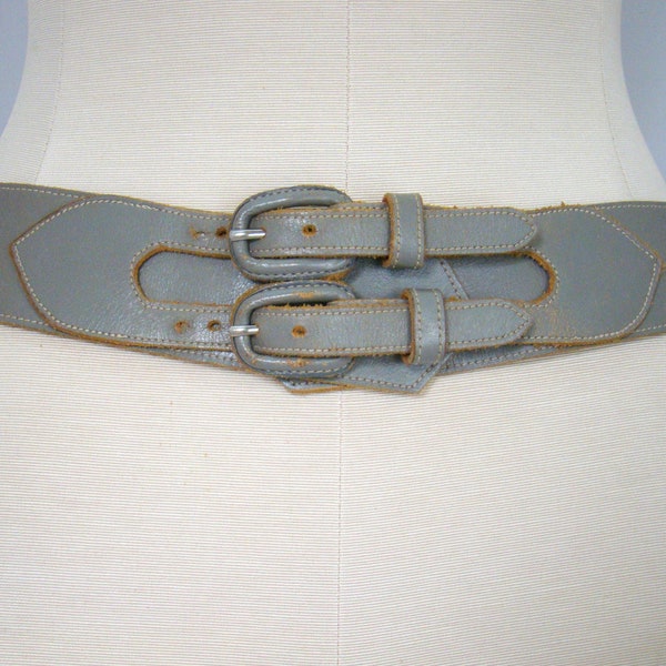 Vintage 50s Dove Grey Leather Belt / Duo Buckle