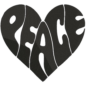 Könnte beinhalten: Schwarz-weißes herzförmiges Design mit dem Wort "FRIEDEN" in einer stilisierten Schrift.
