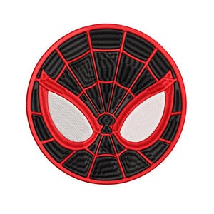 May include: Embroidered patch featuring a stylized Spider-Man mask design. The patch is circular, with a black web pattern on a red background. The eyes are white, and the border is red. This patch is suitable for clothing or accessories.
