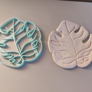 Könnte beinhalten: Zwei Ausstecher in Form eines Monstera-Blattes. Einer ist ein hellblauer Plastikausstecher und der andere ist ein weißer Ton-Ausstecher.