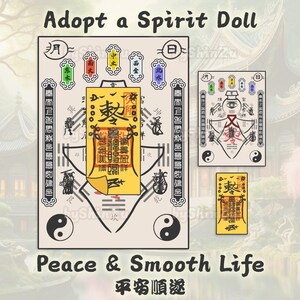 Può includere: Un'immagine con tre disegni di bambole spirituali con il testo "Adopt a Spirit Doll" e "Peace & Smooth Life". I disegni sono in tonalità di giallo, nero e bianco, con simboli e caratteri intricati.