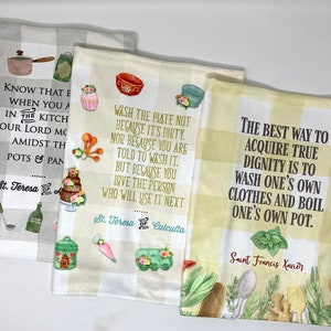 Set of 1, 2 or 3 Catholic Saint Kitchen Towels. Pots and Pans Avila Towel. Mother Teresa Towel. Francis Xavier kitchen towel. Hostess gift.