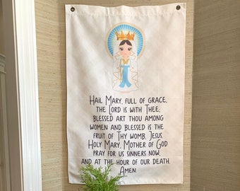 Hail Mary Full of Grace Canvas Wall Hanging. Hail Mary Canvas Hanging. Saint Wall Hanging. Kids Room Art. Mary gift. Catholic Art. Tapestry