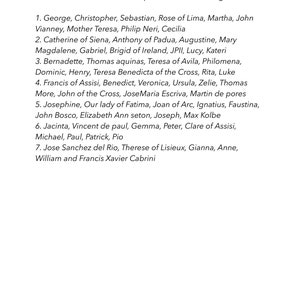 May include: A list of saints on a white background. The list is organized from top to bottom and left to right. The list includes saints such as George, Christopher, Sebastian, Rose of Lima, Martha, John Vianney, Mother Teresa, Philip Neri, Cecilia, Catherine of Siena, Anthony of Padua, Augustine, Mary Magdalene, Gabriel, Brigid of Ireland, JPII, Lucy, Kateri, Bernadette, Thomas Aquinas, Teresa of Avila, Philomena, Dominic, Henry, Teresa Benedicta of the Cross, Rita, Luke, Francis of Assisi, Benedict, Veronica, Ursula, Zelie, Thomas More, John of the Cross, Jose Maria Escriva, Martin de Porres, Josephine, Our Lady of Fatima, Joan of Arc, Ignatius, Faustina, John Bosco, Elizabeth Ann Seton, Joseph, Max Kolbe, Jacinta, Vincent de Paul, Gemma, Peter, Clare of Assisi, Michael, Paul, Patrick, Pio, Jose Sanchez del Rio, Therese of Lisieux, Gianna, Anne, William and Francis Xavier Cabrini.