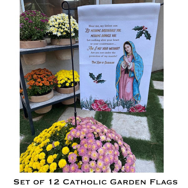 Set of 12 Catholic garden flags. Our lady and Saint themed garden flag set. Catholic gift. Catholic Christmas. Marian garden.