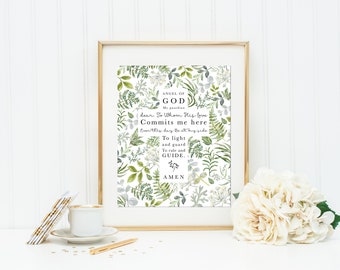 Angel of God. Greenery Angel of God Print. Leafy green Angel Of God Print. Christian Wall Art. Angel of God Art. Prayer Art