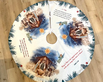 Christmas Scripture Tree Skirt. 55" Nativity Tree Skirt. Soft Nativity Christmas. Matthew 1:21, John 1 14, Luke 2 14 Scripture Tree Skirt