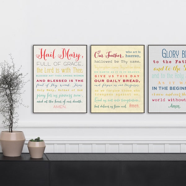 Prayer Print Set. Our Father, Hail Mary and Glory Be Art Prints. Christian Wall Art Print. Kids Prayer Print. Farmhouse Prayer