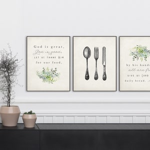 Lot de 3 impressions de prière de cuisine. Dieu est grand, Dieu est bon. Remercions-le pour notre impression de prière alimentaire. Décor de ferme. Ustensiles de cuisine.