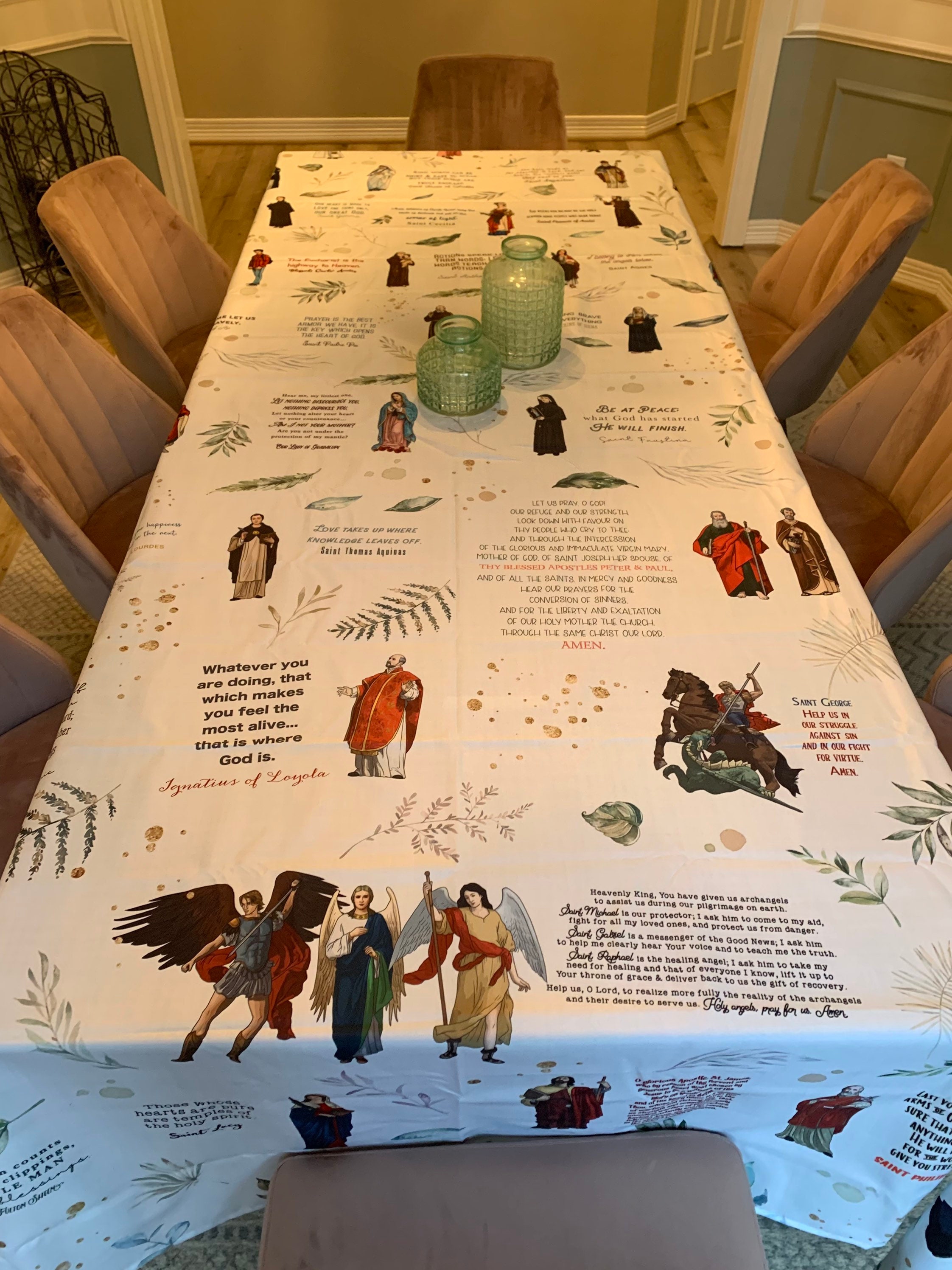 Saint quotes pattern Water resistant tablecloth. Saints Prayer Blanket