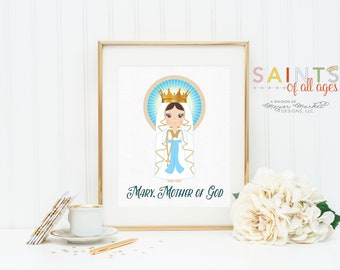 Mary, Mother of God poster print. Mary Wall Art Poster. Nursery Art. Kids Room Print. Prayer Print Poster. Catholic Poster. Baptism Gift.