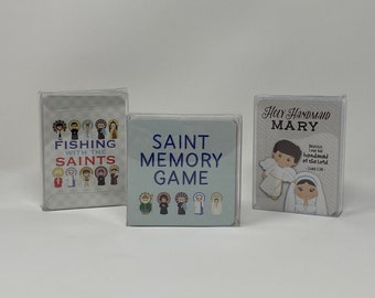 Saint Game Bundle with Fishing with the Saints Game Set, Holy Handmaid Mary & Saint Memory Game. Set of 3 Saint Games. First communion gift.