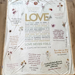 Love never fails Ultra soft throw Blanket. Saints Prayer Blanket. 50 x 60&quot; Catholic Saint Quotes on love Blanket. Catholic Baptism gift
