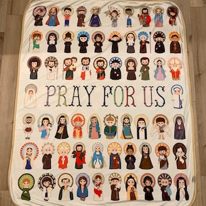 Pray for us Saints Ultra soft throw Blanket. Saints Prayer Blanket. 50 x 60&quot; Catholic Saint Quote Blanket. Baptism Gift. Catholic gift.