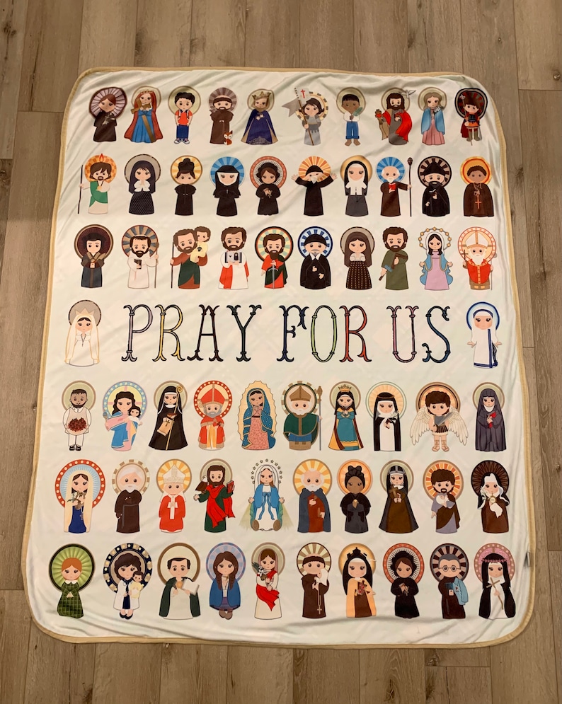 Pray for us Saints Ultra soft throw Blanket. Saints Prayer Blanket. 50 x 60 Catholic Saint Quote Blanket. Baptism Gift. Catholic gift. image 1