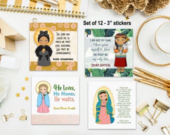 Set #4 of 12 - 3" Saint Stickers. Kids Saint Stickers. First Communion. Homeschooling Catholic Gift. Catholic Saint Stickers. Prayer Sticker