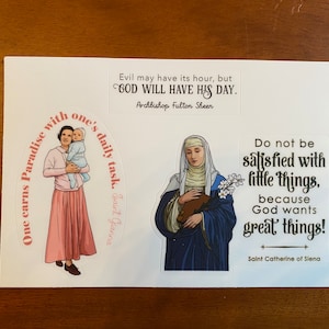 Set of 3 Vinyl Waterproof Saint Stickers. Gianna, Catherine of Siena and Fulton Sheen Saint Water bottle Vinyl Sticker. Catholic Gift.